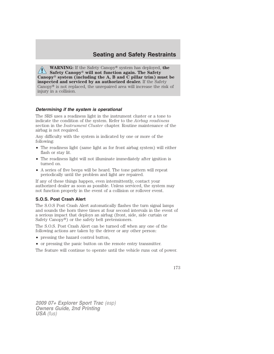 Determining if the system is operational, S.o.s. post crash alert, Seating and safety restraints | FORD 2009 Explorer Sport Trac v.2 User Manual | Page 173 / 351