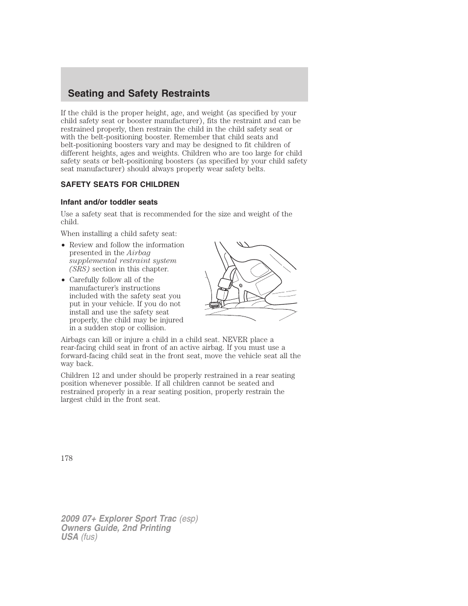 Safety seats for children, Infant and/or toddler seats, Seating and safety restraints | FORD 2009 Explorer Sport Trac v.2 User Manual | Page 178 / 351