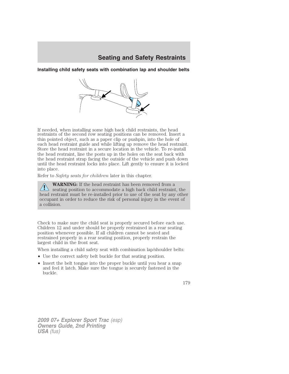 Seating and safety restraints | FORD 2009 Explorer Sport Trac v.2 User Manual | Page 179 / 351