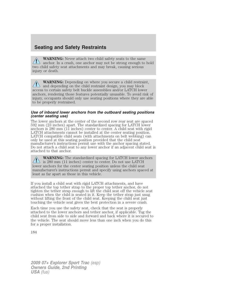 Seating and safety restraints | FORD 2009 Explorer Sport Trac v.2 User Manual | Page 184 / 351