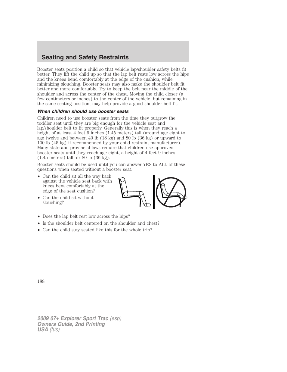 When children should use booster seats, Seating and safety restraints | FORD 2009 Explorer Sport Trac v.2 User Manual | Page 188 / 351