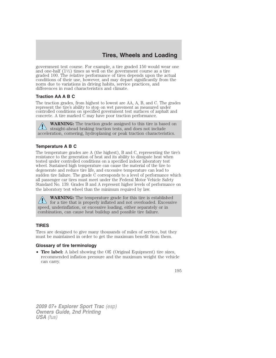 Traction aa a b c, Temperature a b c, Tires | Glossary of tire terminology, Tires, wheels and loading | FORD 2009 Explorer Sport Trac v.2 User Manual | Page 195 / 351