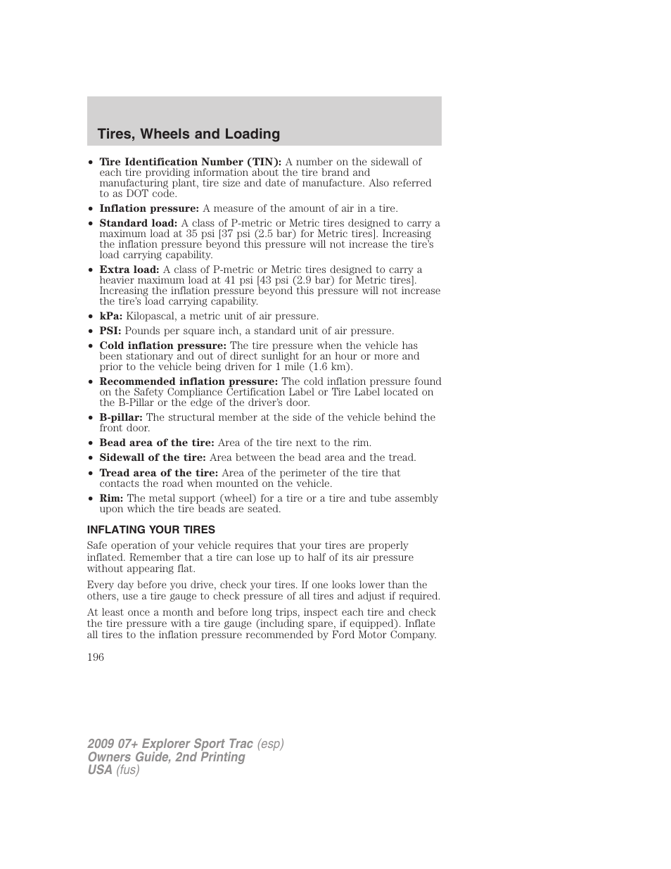 Inflating your tires, Tire inflation, Tires, wheels and loading | FORD 2009 Explorer Sport Trac v.2 User Manual | Page 196 / 351