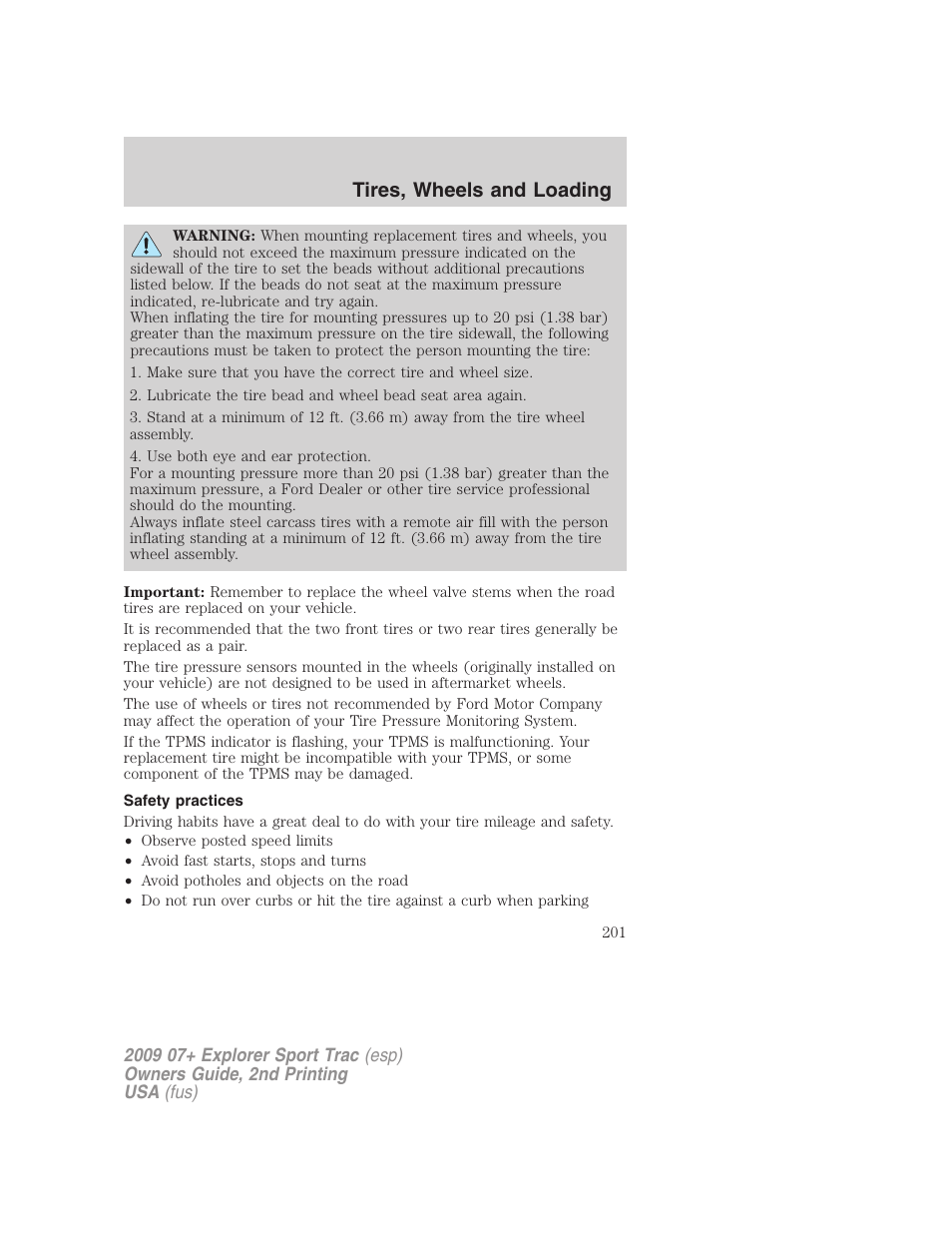 Safety practices, Tires, wheels and loading | FORD 2009 Explorer Sport Trac v.2 User Manual | Page 201 / 351