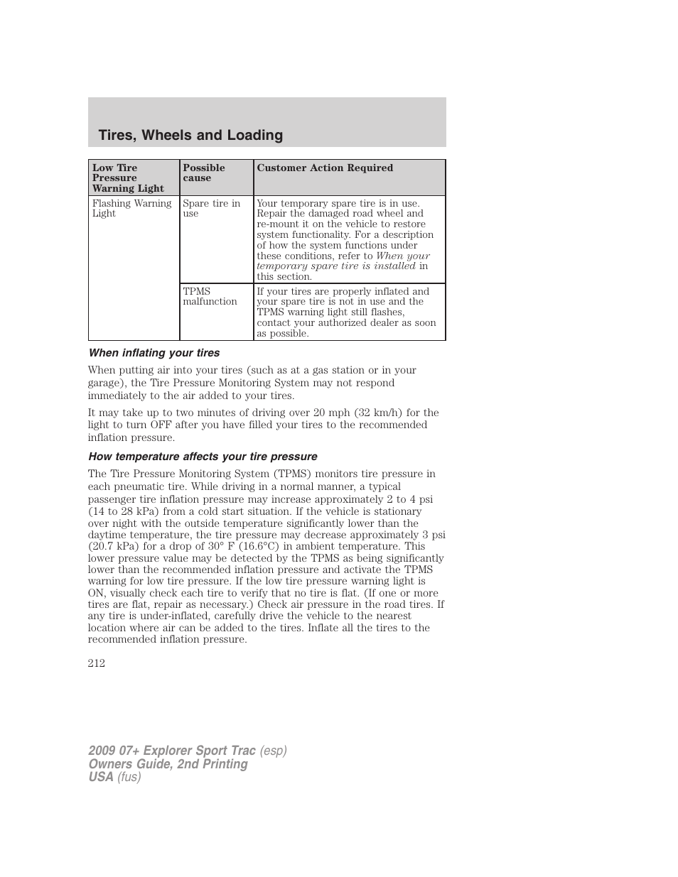 When inflating your tires, How temperature affects your tire pressure, Tires, wheels and loading | FORD 2009 Explorer Sport Trac v.2 User Manual | Page 212 / 351