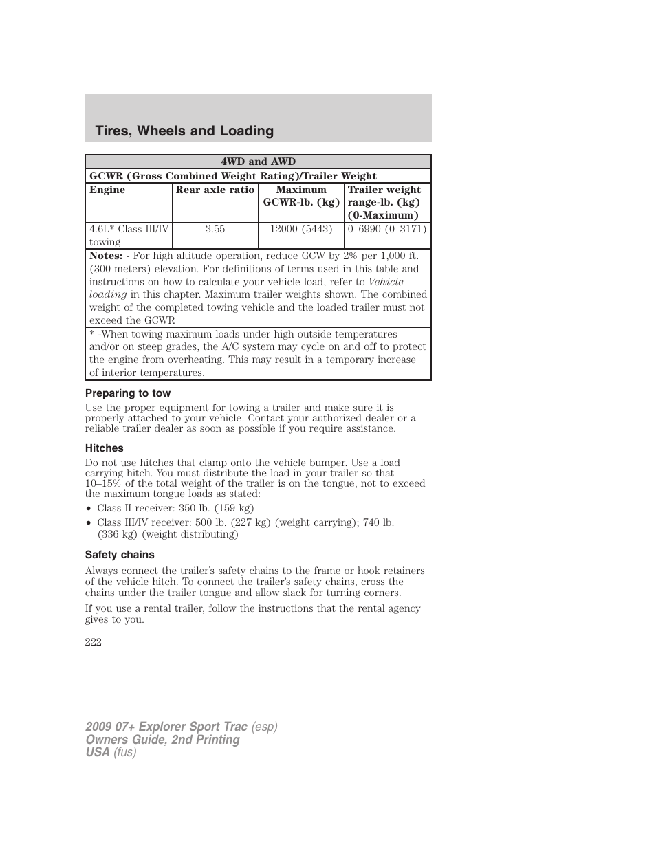 Preparing to tow, Hitches, Safety chains | Tires, wheels and loading | FORD 2009 Explorer Sport Trac v.2 User Manual | Page 222 / 351