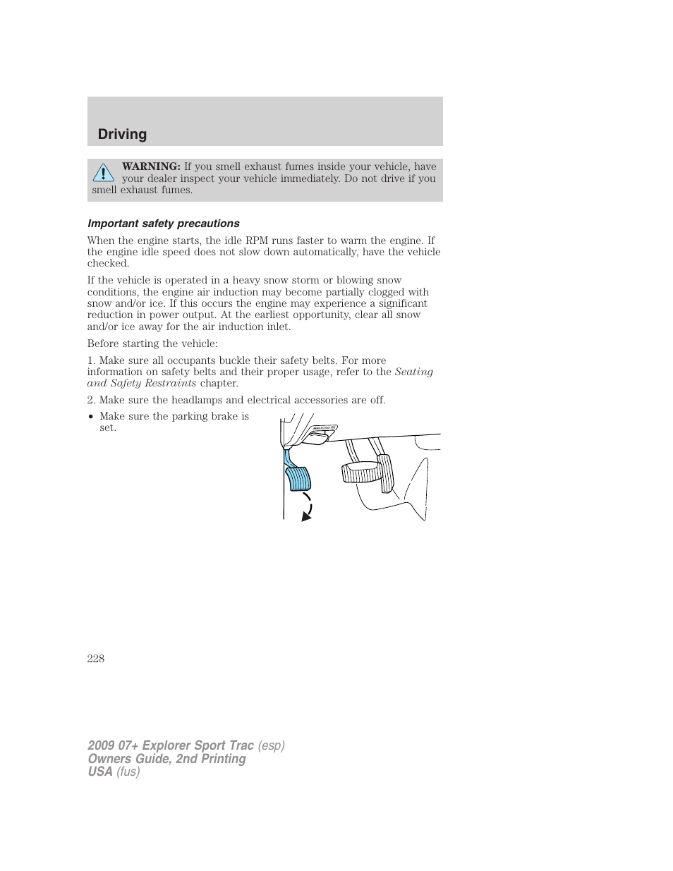 Important safety precautions, Driving | FORD 2009 Explorer Sport Trac v.2 User Manual | Page 228 / 351