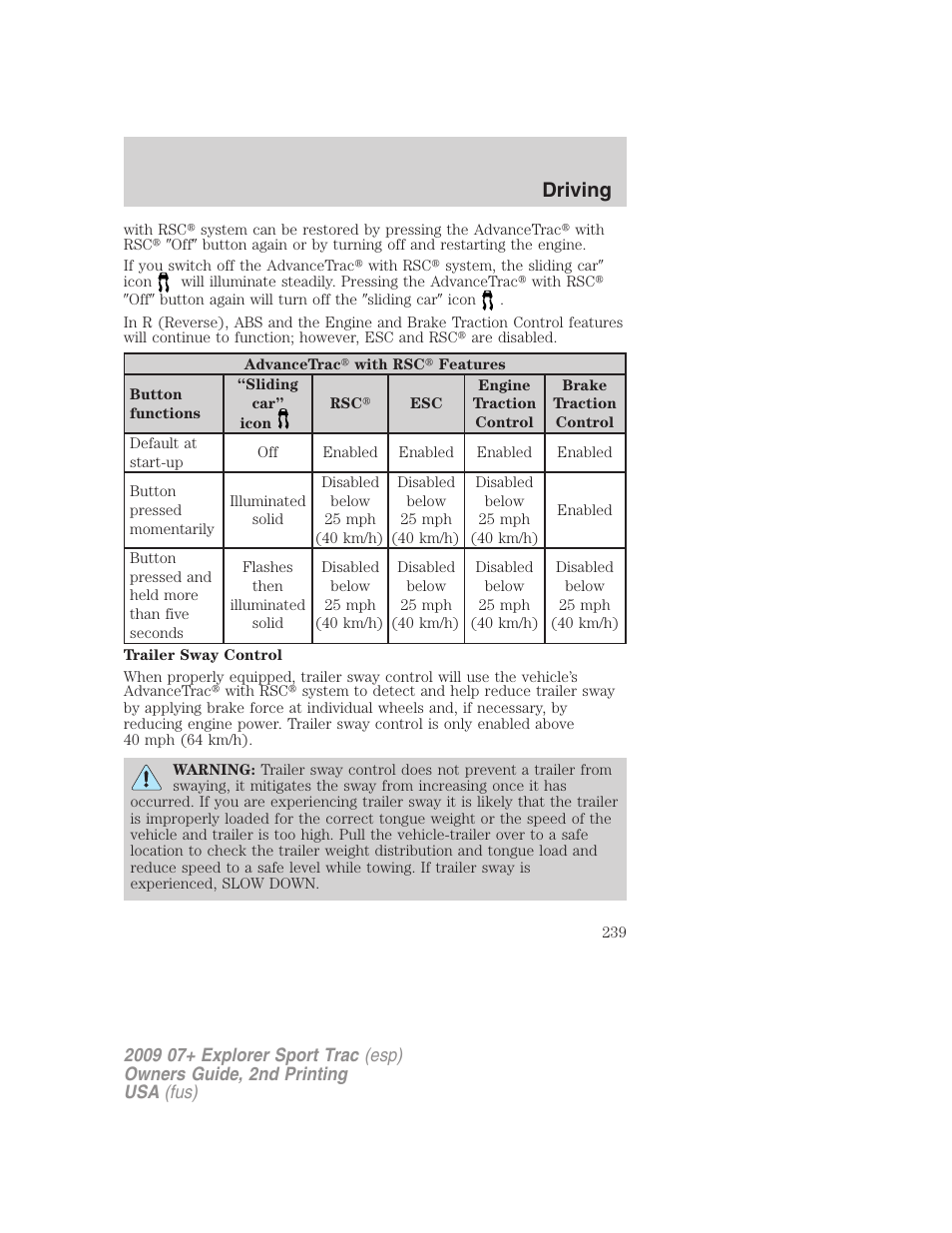 Driving | FORD 2009 Explorer Sport Trac v.2 User Manual | Page 239 / 351