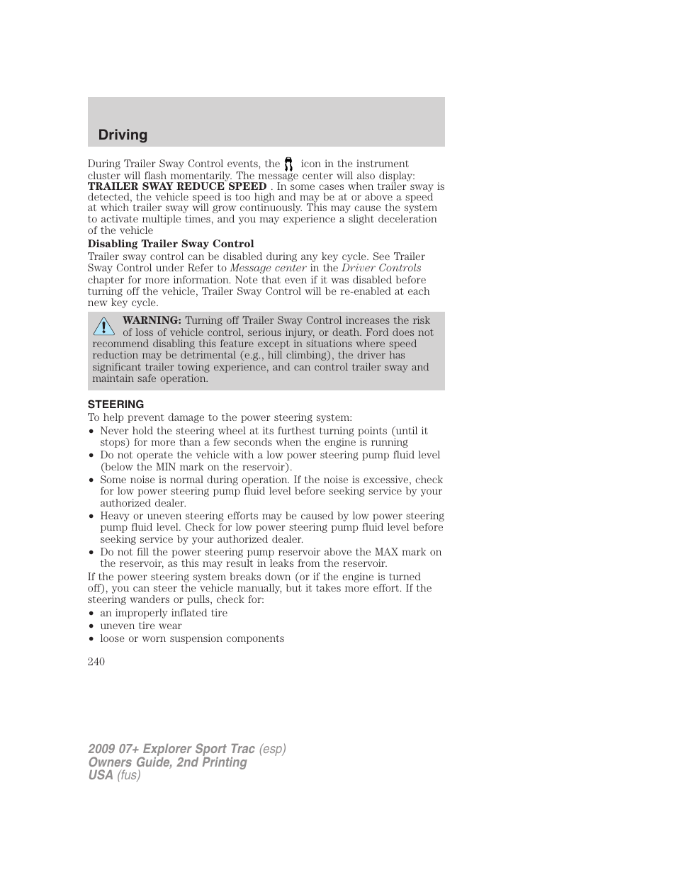 Steering, Driving | FORD 2009 Explorer Sport Trac v.2 User Manual | Page 240 / 351