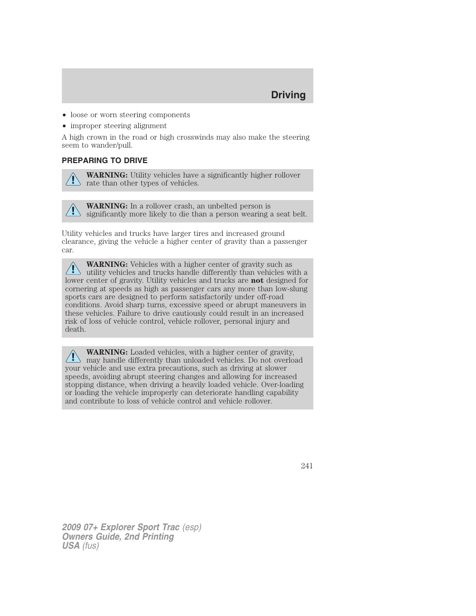Preparing to drive, Driving | FORD 2009 Explorer Sport Trac v.2 User Manual | Page 241 / 351