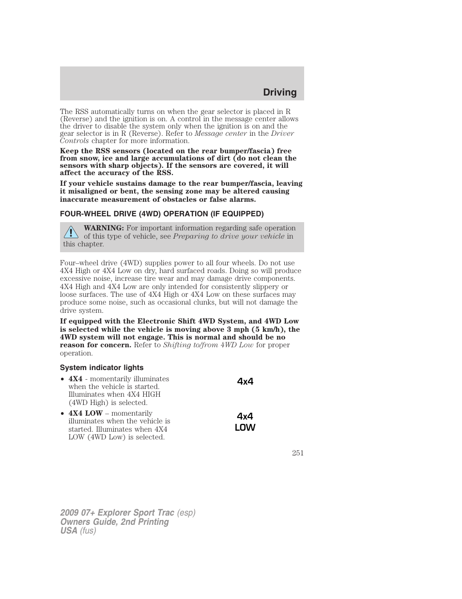 Four-wheel drive (4wd) operation (if equipped), System indicator lights, Driving | FORD 2009 Explorer Sport Trac v.2 User Manual | Page 251 / 351