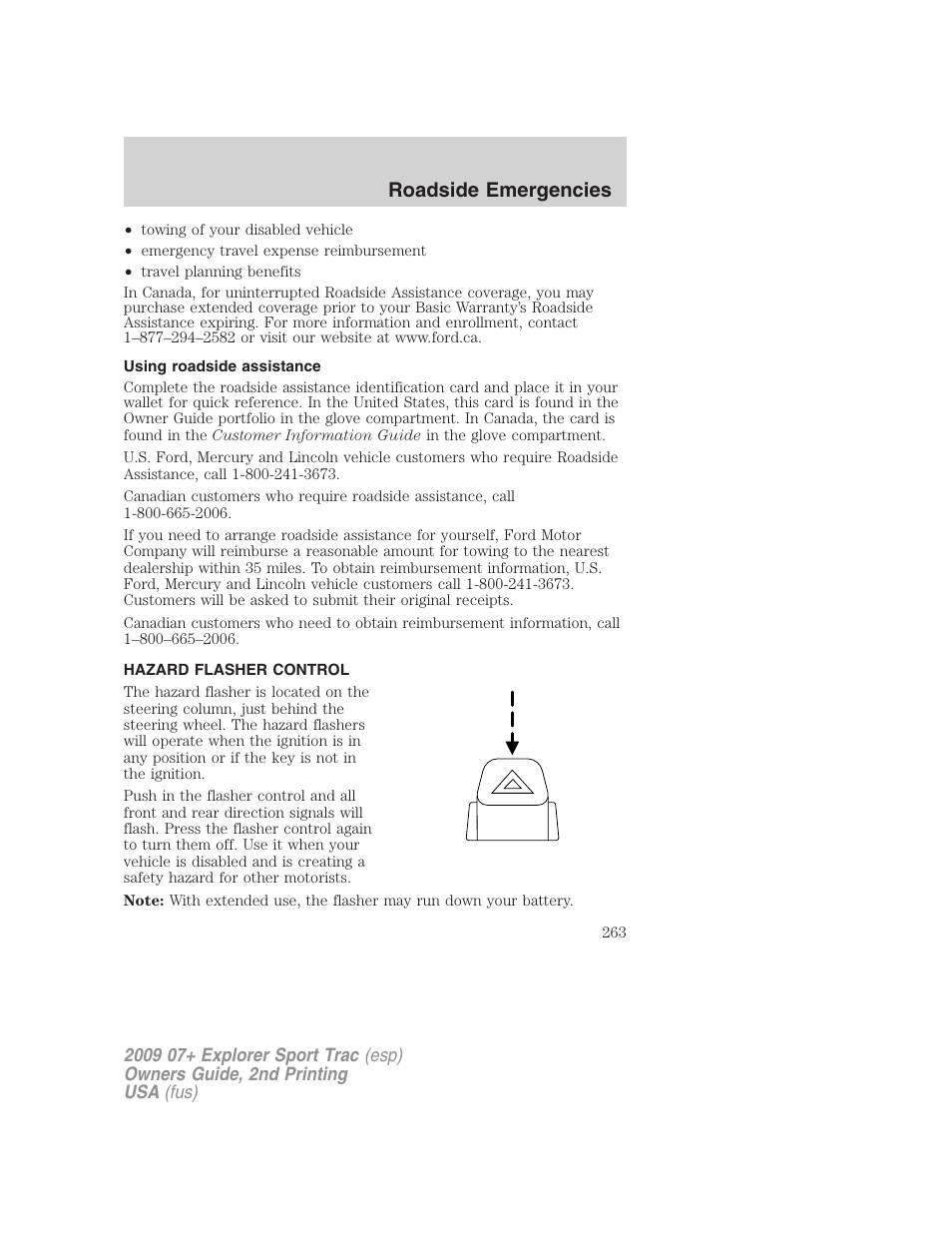 Using roadside assistance, Hazard flasher control, Roadside emergencies | FORD 2009 Explorer Sport Trac v.2 User Manual | Page 263 / 351