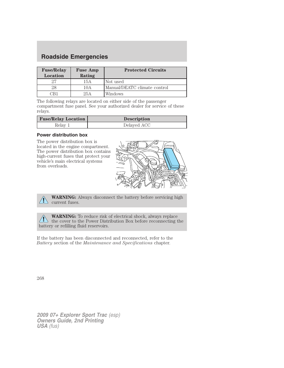 Power distribution box, Roadside emergencies | FORD 2009 Explorer Sport Trac v.2 User Manual | Page 268 / 351
