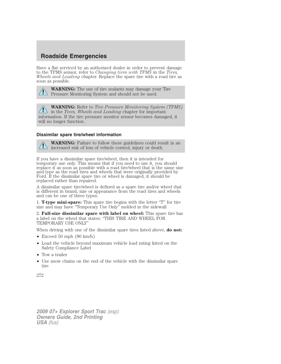 Dissimilar spare tire/wheel information, Roadside emergencies | FORD 2009 Explorer Sport Trac v.2 User Manual | Page 272 / 351