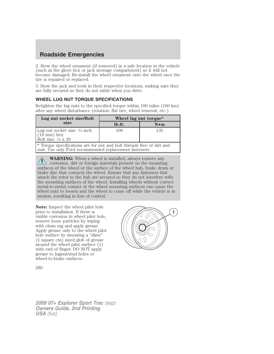 Wheel lug nut torque specifications, Wheel lug nut torque, Roadside emergencies | FORD 2009 Explorer Sport Trac v.2 User Manual | Page 280 / 351
