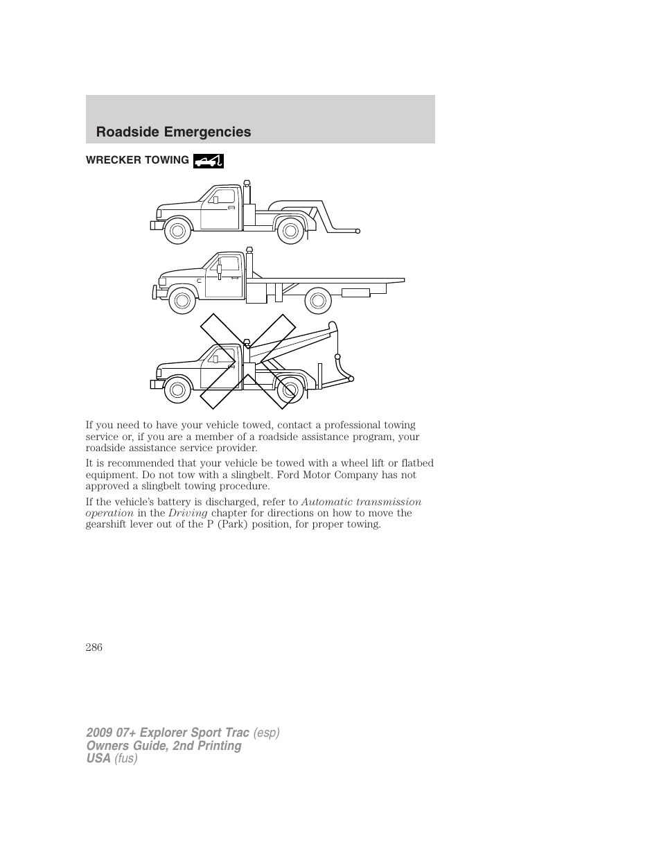 Wrecker towing, Roadside emergencies | FORD 2009 Explorer Sport Trac v.2 User Manual | Page 286 / 351