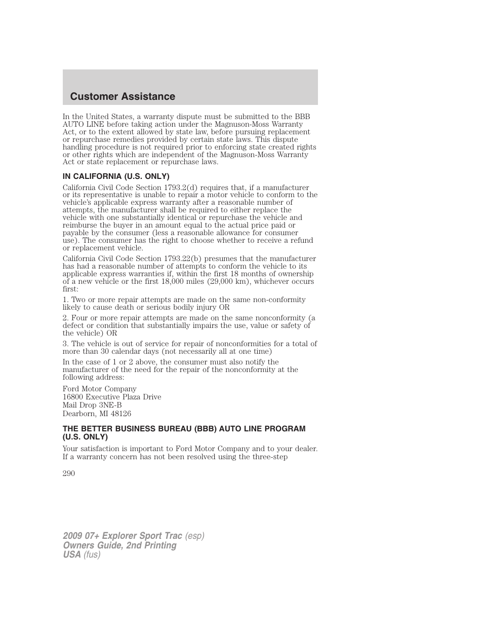 In california (u.s. only), Customer assistance | FORD 2009 Explorer Sport Trac v.2 User Manual | Page 290 / 351