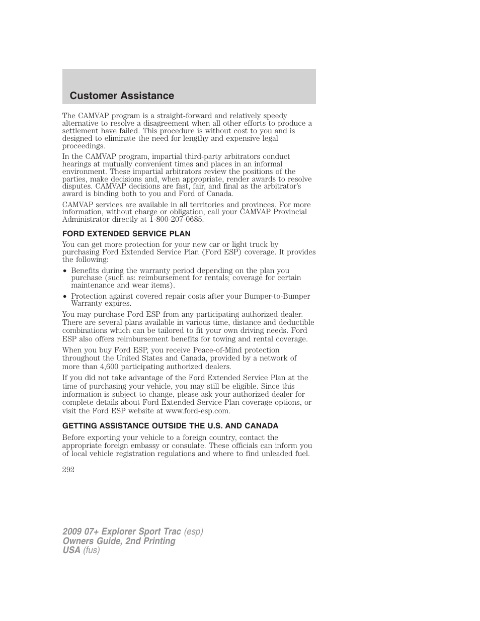 Ford extended service plan, Getting assistance outside the u.s. and canada, Customer assistance | FORD 2009 Explorer Sport Trac v.2 User Manual | Page 292 / 351