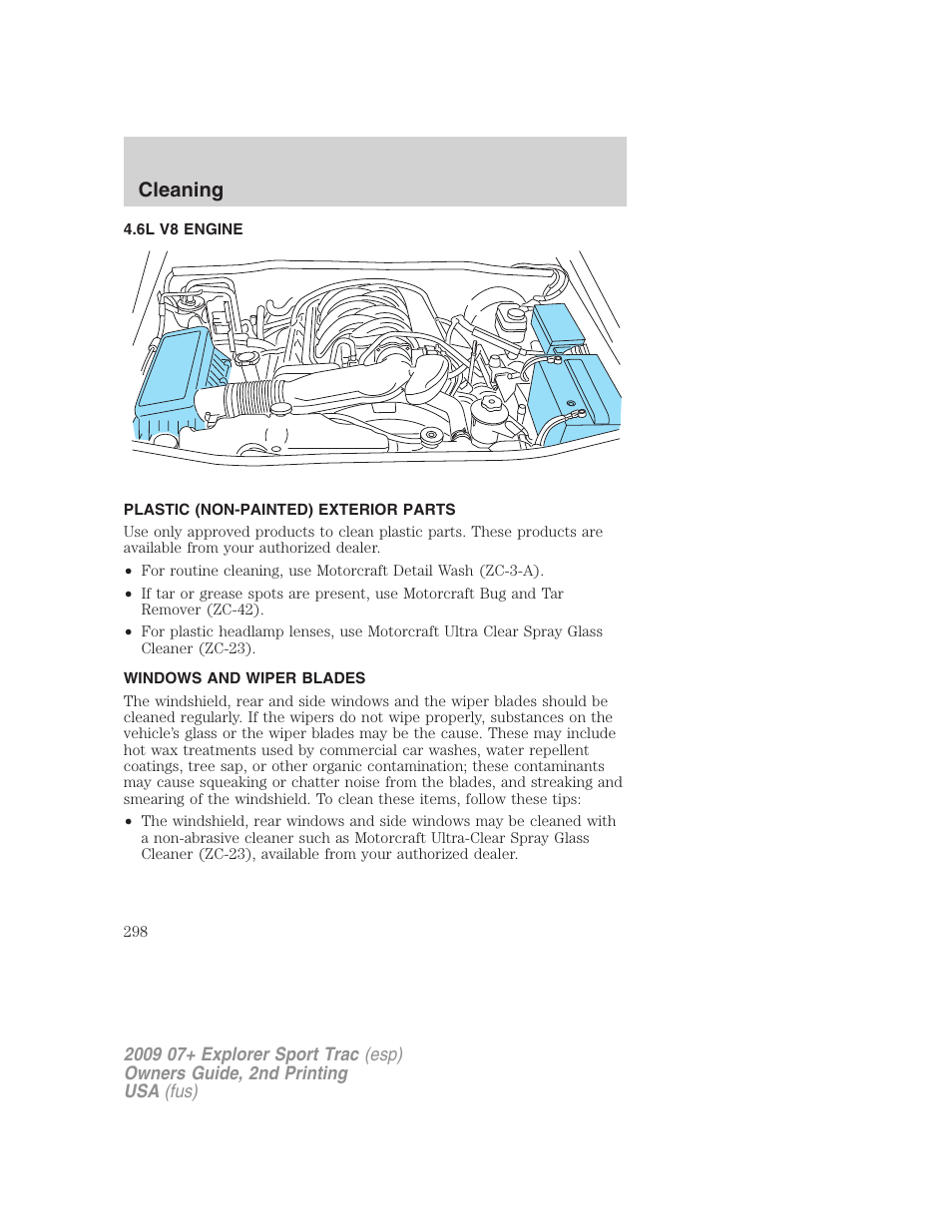 6l v8 engine, Plastic (non-painted) exterior parts, Windows and wiper blades | Cleaning | FORD 2009 Explorer Sport Trac v.2 User Manual | Page 298 / 351