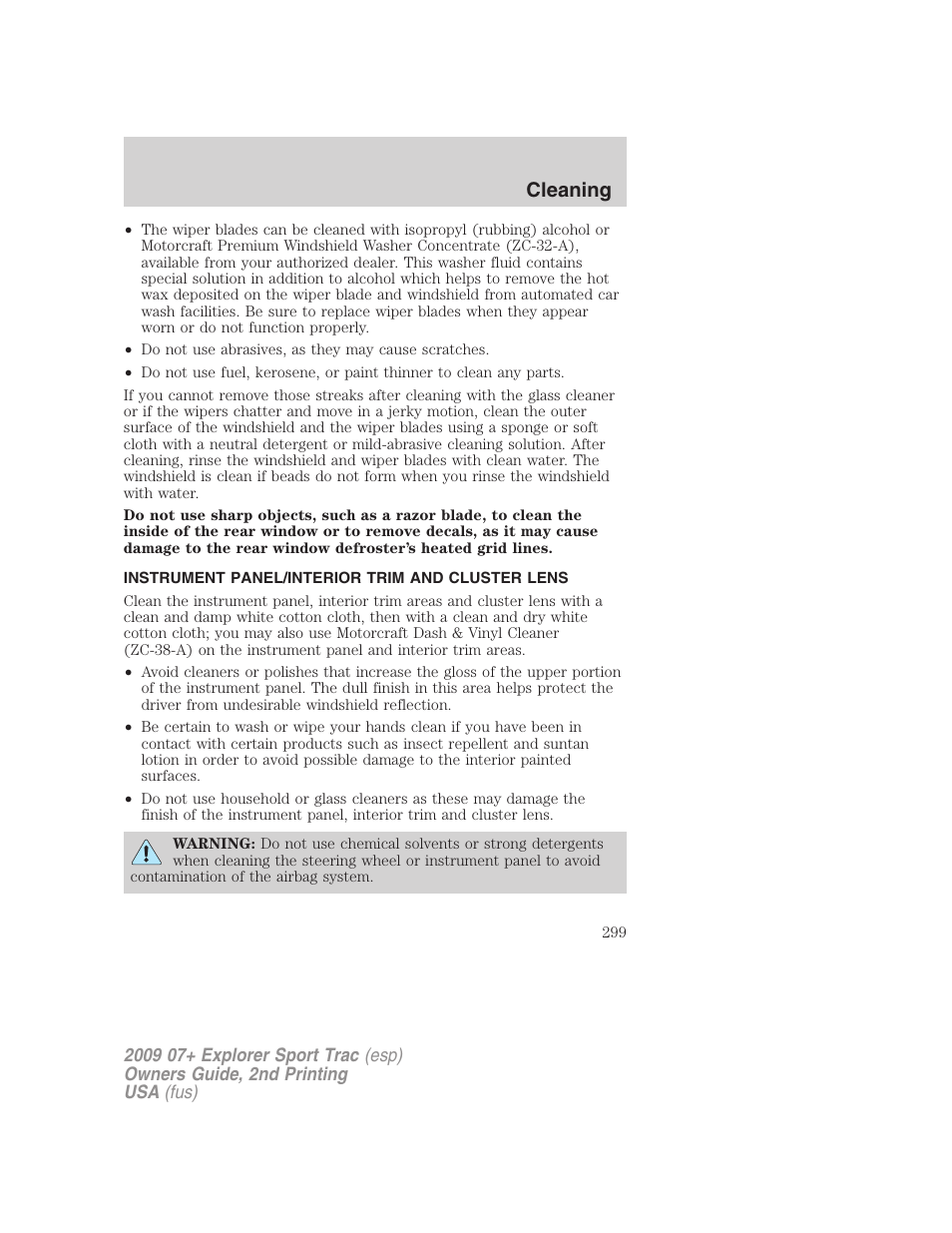 Instrument panel/interior trim and cluster lens, Cleaning | FORD 2009 Explorer Sport Trac v.2 User Manual | Page 299 / 351