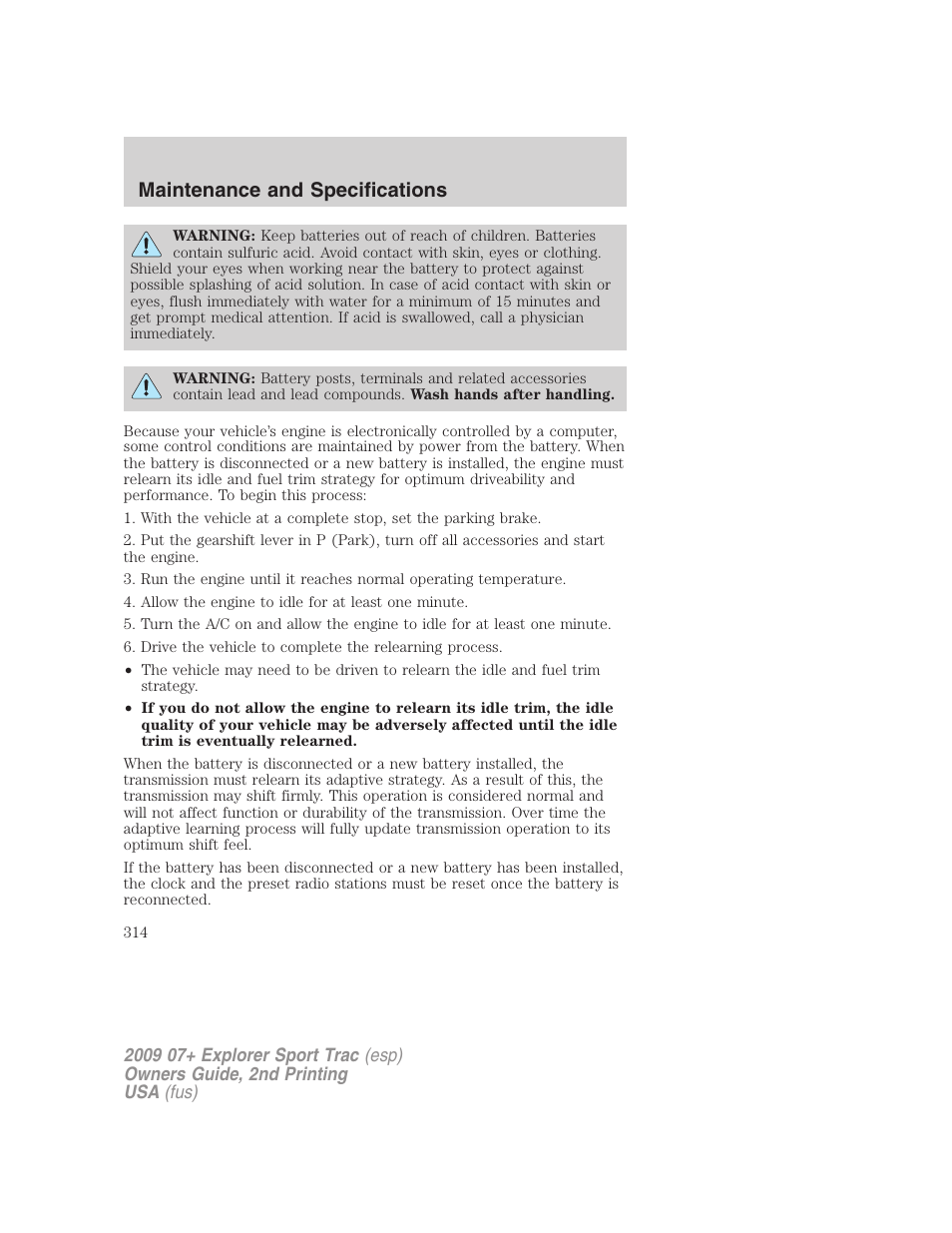 Maintenance and specifications | FORD 2009 Explorer Sport Trac v.2 User Manual | Page 314 / 351