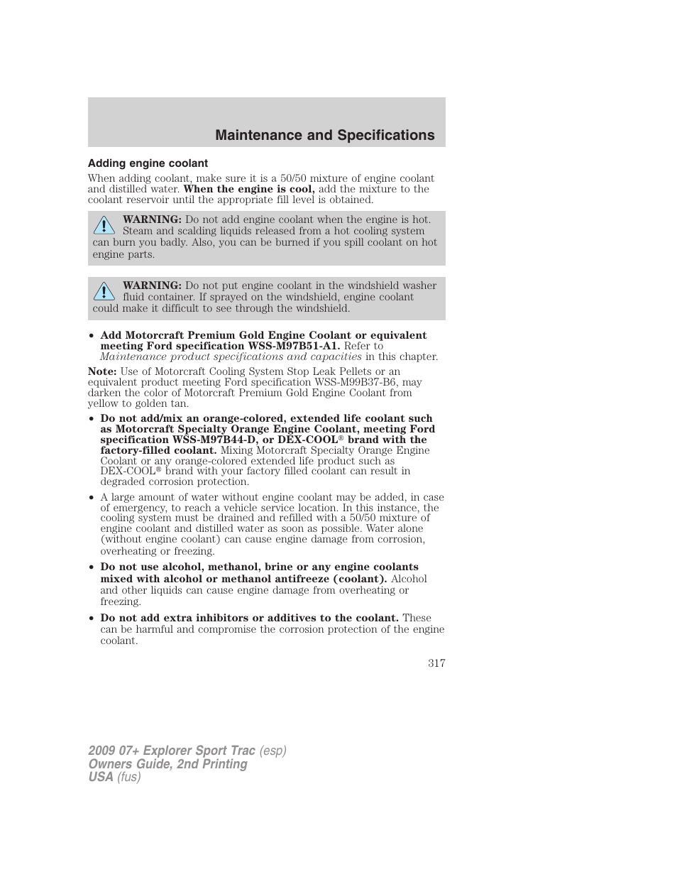 Adding engine coolant, Maintenance and specifications | FORD 2009 Explorer Sport Trac v.2 User Manual | Page 317 / 351