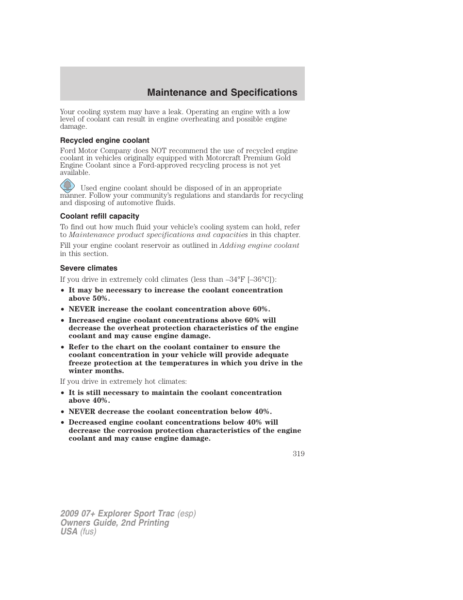 Recycled engine coolant, Coolant refill capacity, Severe climates | Maintenance and specifications | FORD 2009 Explorer Sport Trac v.2 User Manual | Page 319 / 351