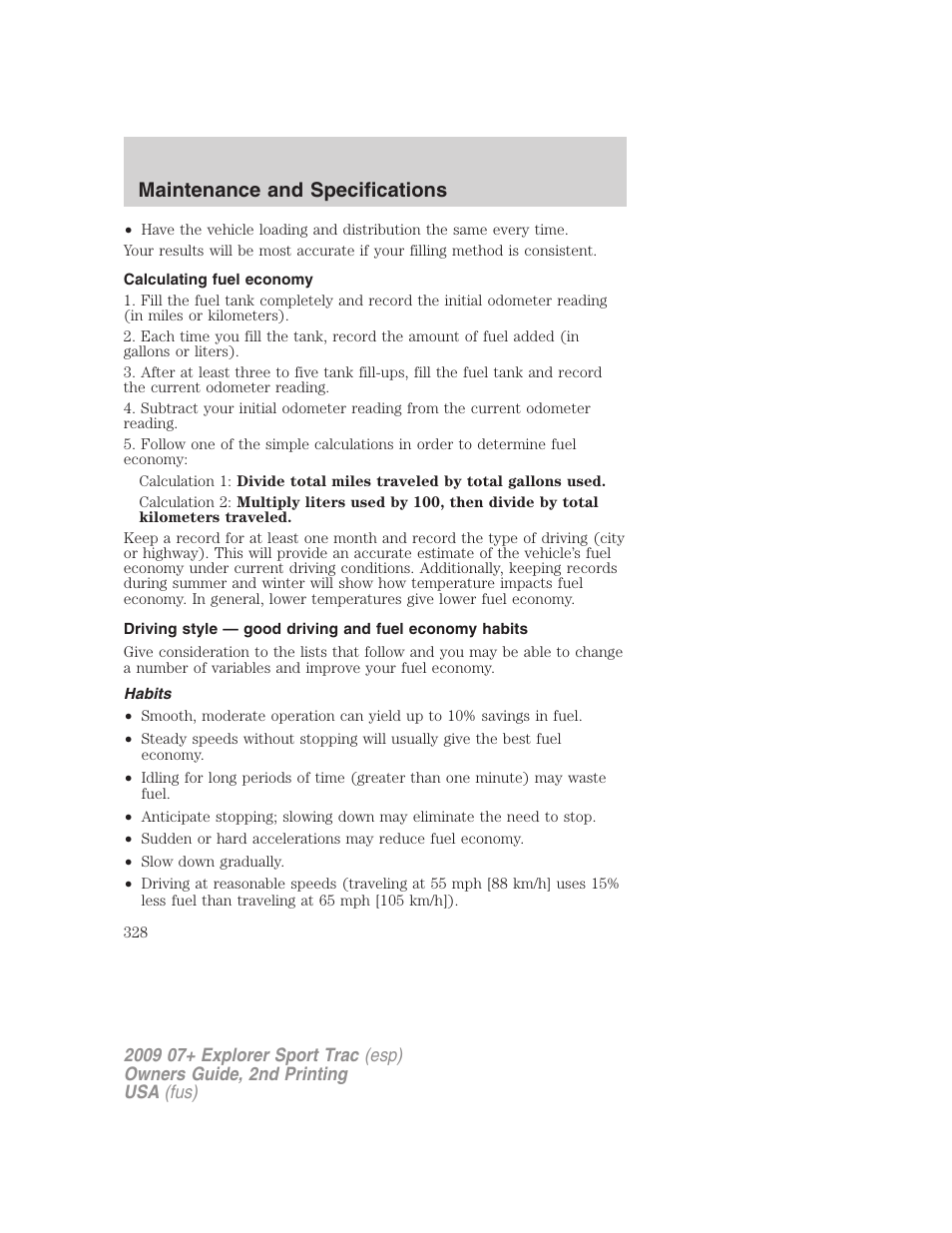 Calculating fuel economy, Habits, Maintenance and specifications | FORD 2009 Explorer Sport Trac v.2 User Manual | Page 328 / 351