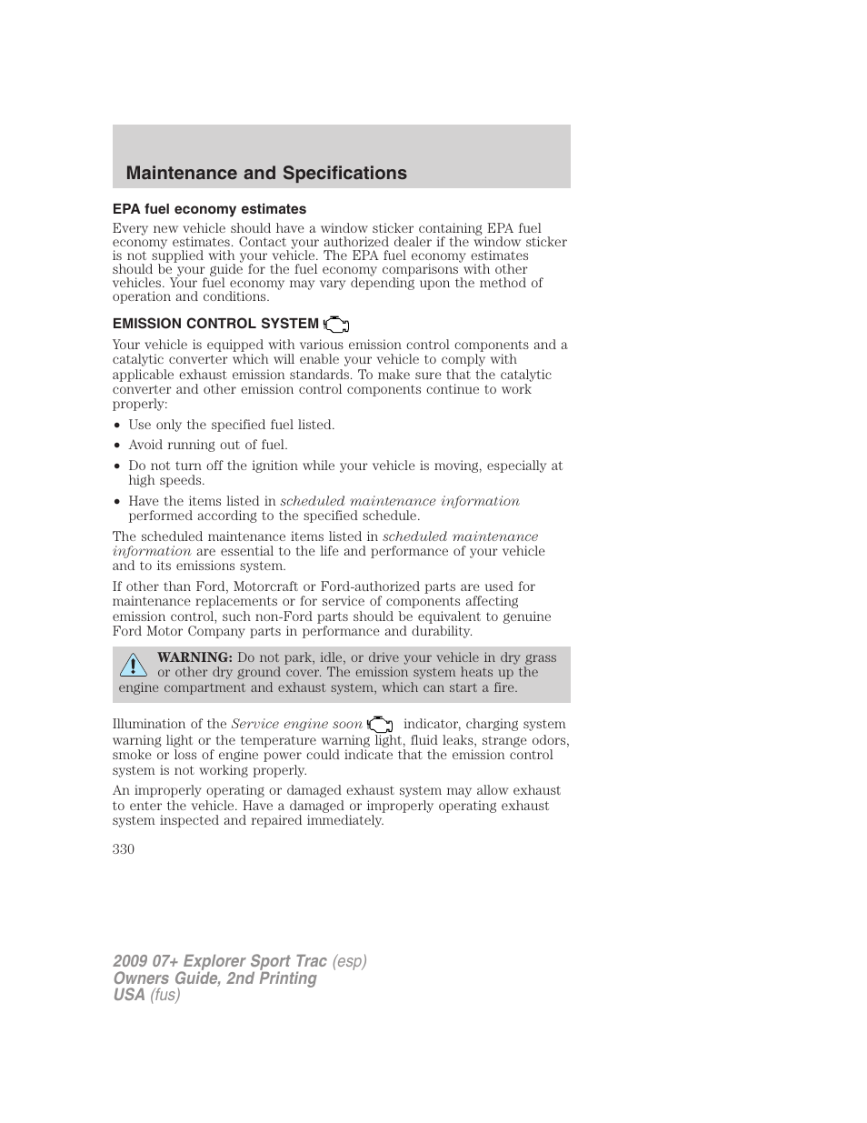 Epa fuel economy estimates, Emission control system, Maintenance and specifications | FORD 2009 Explorer Sport Trac v.2 User Manual | Page 330 / 351