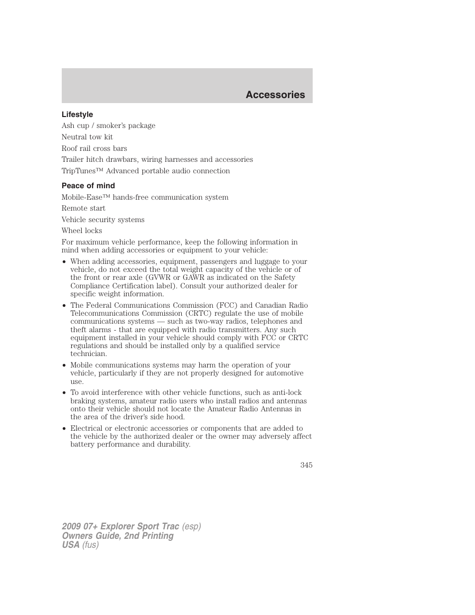 Lifestyle, Peace of mind, Accessories | FORD 2009 Explorer Sport Trac v.2 User Manual | Page 345 / 351