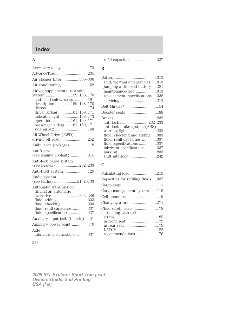 Index | FORD 2009 Explorer Sport Trac v.2 User Manual | Page 346 / 351