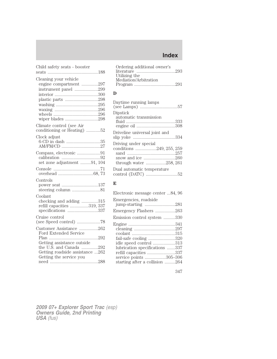 Index | FORD 2009 Explorer Sport Trac v.2 User Manual | Page 347 / 351