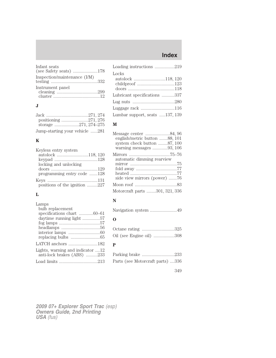 Index | FORD 2009 Explorer Sport Trac v.2 User Manual | Page 349 / 351