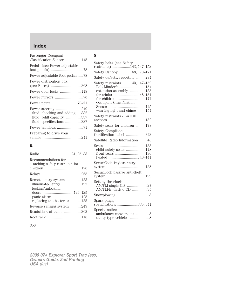 Index | FORD 2009 Explorer Sport Trac v.2 User Manual | Page 350 / 351