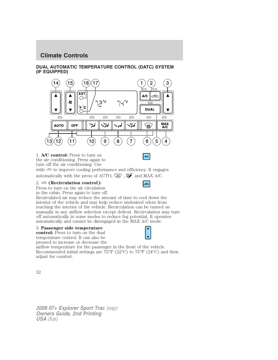 Automatic temperature control, Climate controls | FORD 2009 Explorer Sport Trac v.2 User Manual | Page 52 / 351