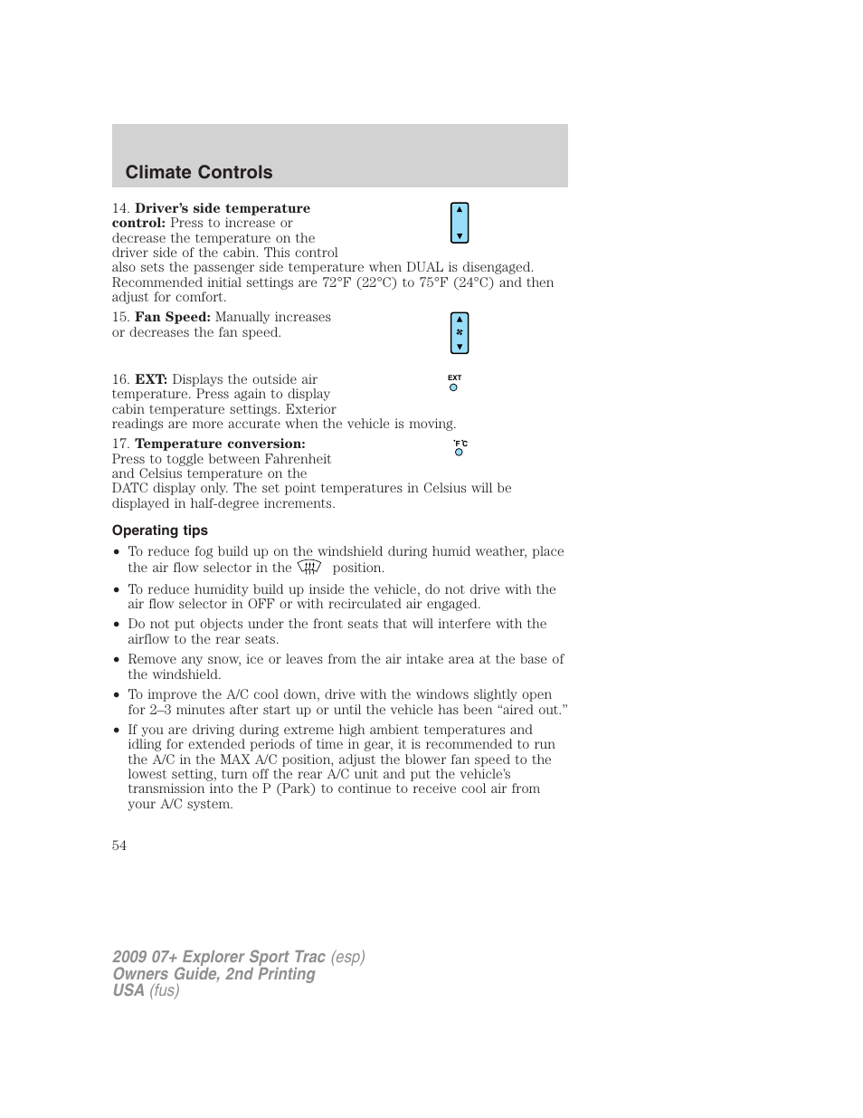 Operating tips, Climate controls | FORD 2009 Explorer Sport Trac v.2 User Manual | Page 54 / 351