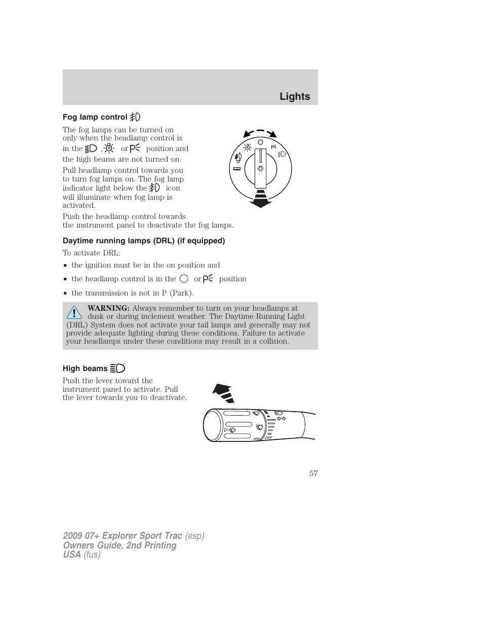 Fog lamp control, Daytime running lamps (drl) (if equipped), High beams | Lights | FORD 2009 Explorer Sport Trac v.2 User Manual | Page 57 / 351