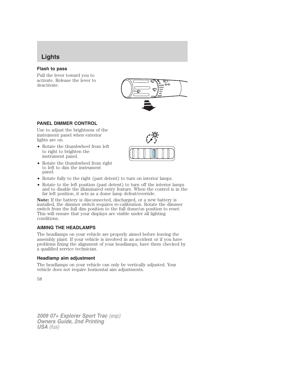 Flash to pass, Panel dimmer control, Aiming the headlamps | Headlamp aim adjustment, Lights | FORD 2009 Explorer Sport Trac v.2 User Manual | Page 58 / 351