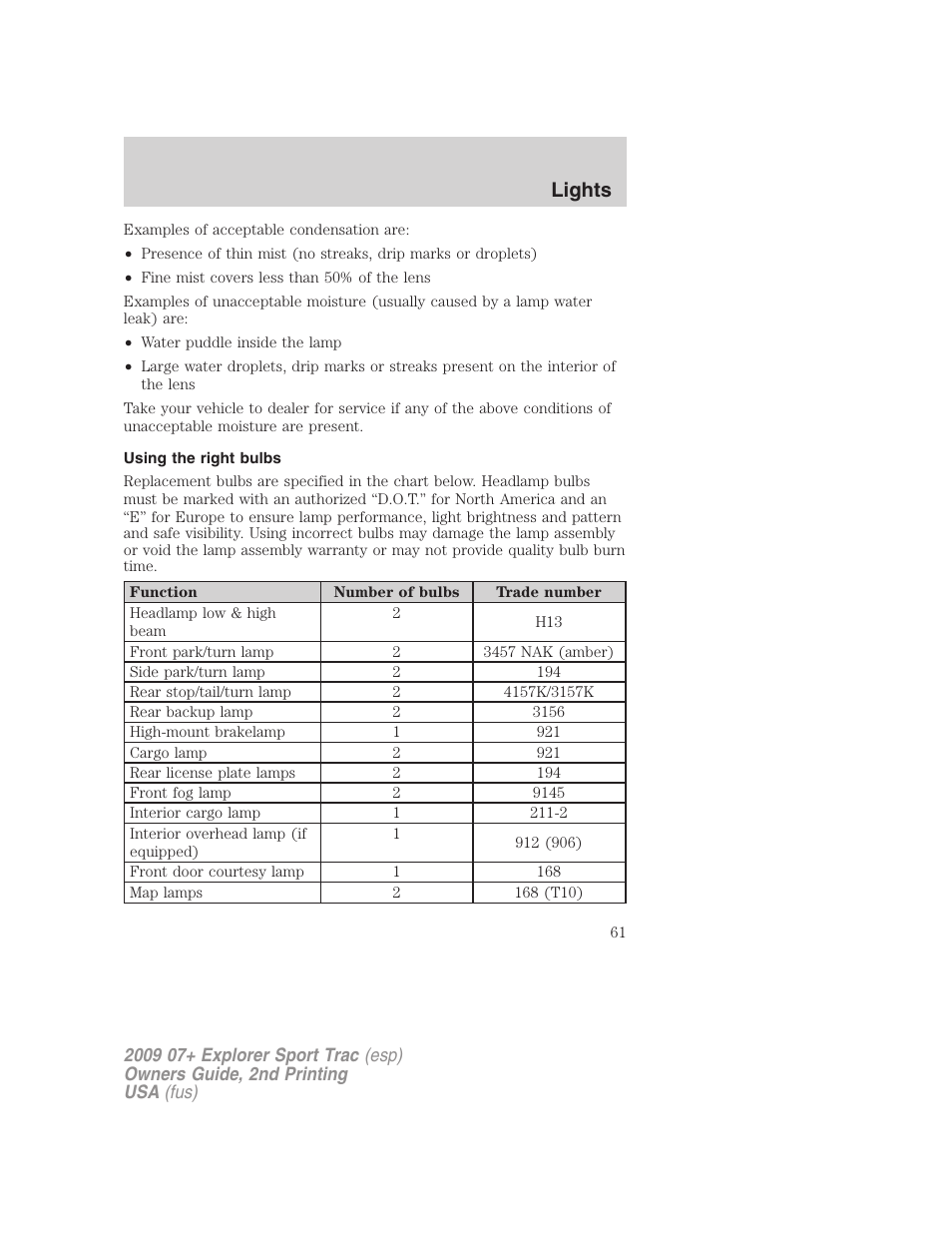 Using the right bulbs, Lights | FORD 2009 Explorer Sport Trac v.2 User Manual | Page 61 / 351