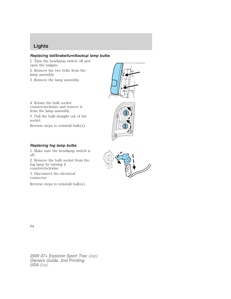 Replacing tail/brake/turn/backup lamp bulbs, Replacing fog lamp bulbs, Lights | FORD 2009 Explorer Sport Trac v.2 User Manual | Page 64 / 351