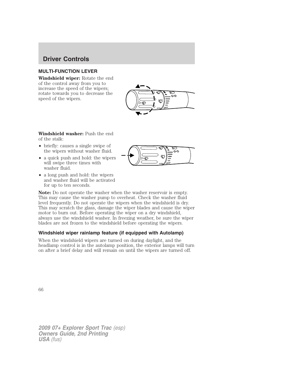 Driver controls, Multi-function lever, Windshield wiper/washer control | FORD 2009 Explorer Sport Trac v.2 User Manual | Page 66 / 351