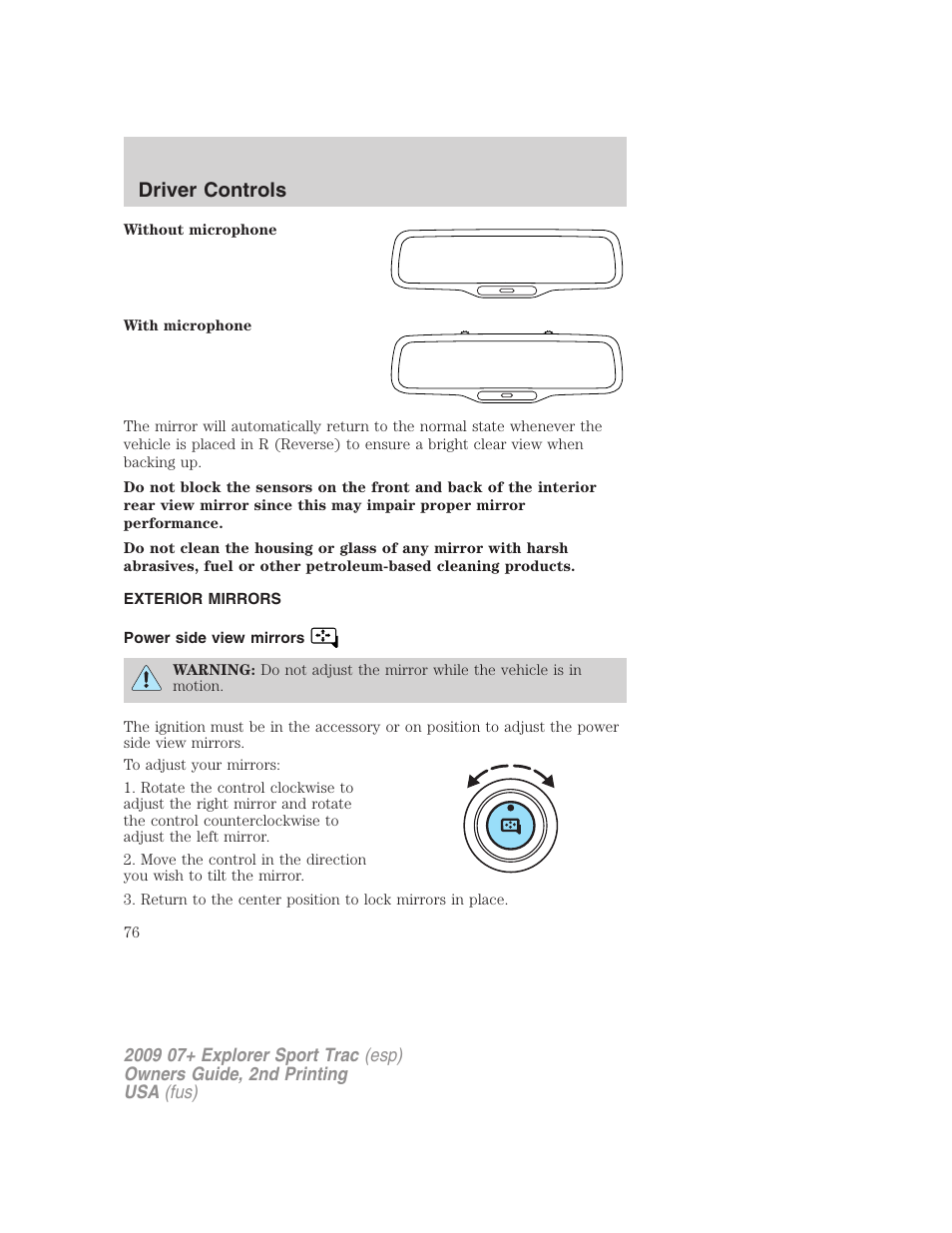 Exterior mirrors, Power side view mirrors, Driver controls | FORD 2009 Explorer Sport Trac v.2 User Manual | Page 76 / 351