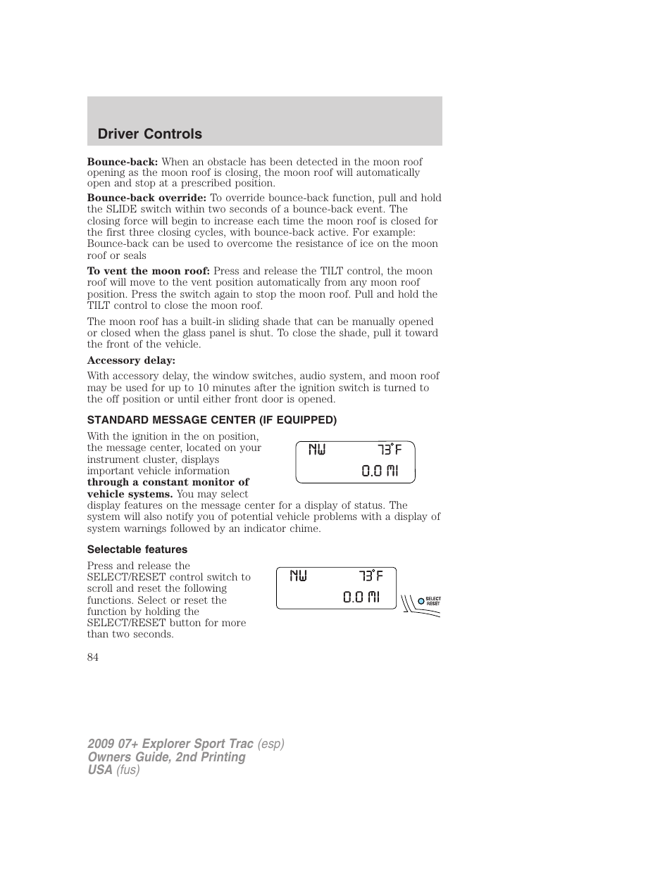 Standard message center (if equipped), Selectable features, Message center | Driver controls | FORD 2009 Explorer Sport Trac v.2 User Manual | Page 84 / 351