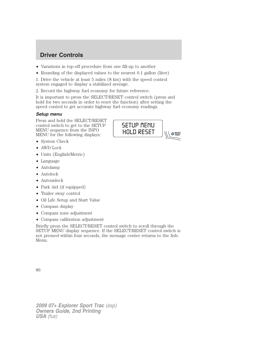 Setup menu, Driver controls | FORD 2009 Explorer Sport Trac v.2 User Manual | Page 86 / 351