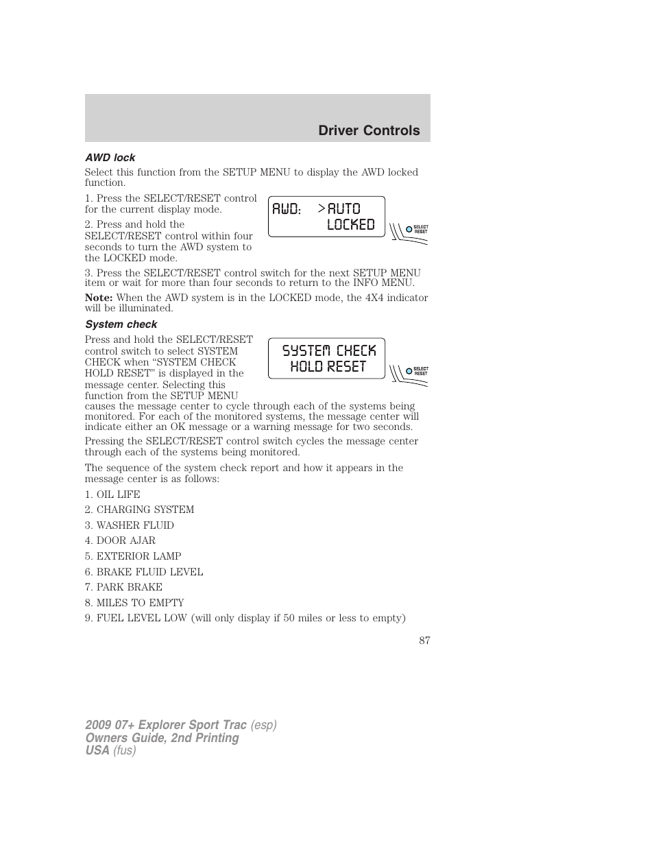Awd lock, System check, Driver controls | FORD 2009 Explorer Sport Trac v.2 User Manual | Page 87 / 351