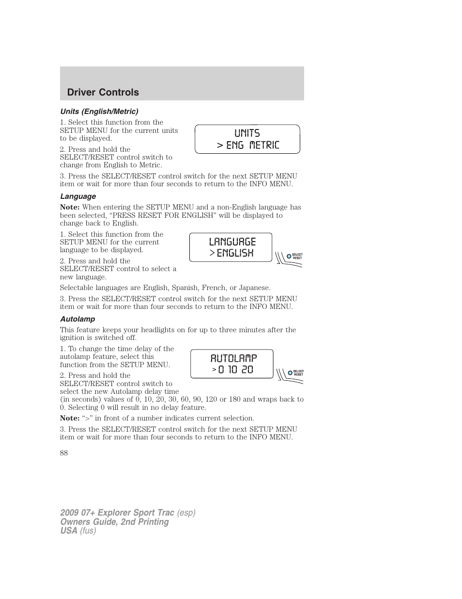 Units (english/metric), Language, Autolamp | Driver controls | FORD 2009 Explorer Sport Trac v.2 User Manual | Page 88 / 351