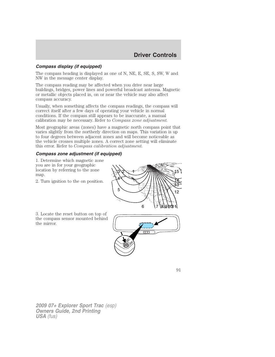 Compass display (if equipped), Compass zone adjustment (if equipped), Driver controls | FORD 2009 Explorer Sport Trac v.2 User Manual | Page 91 / 351