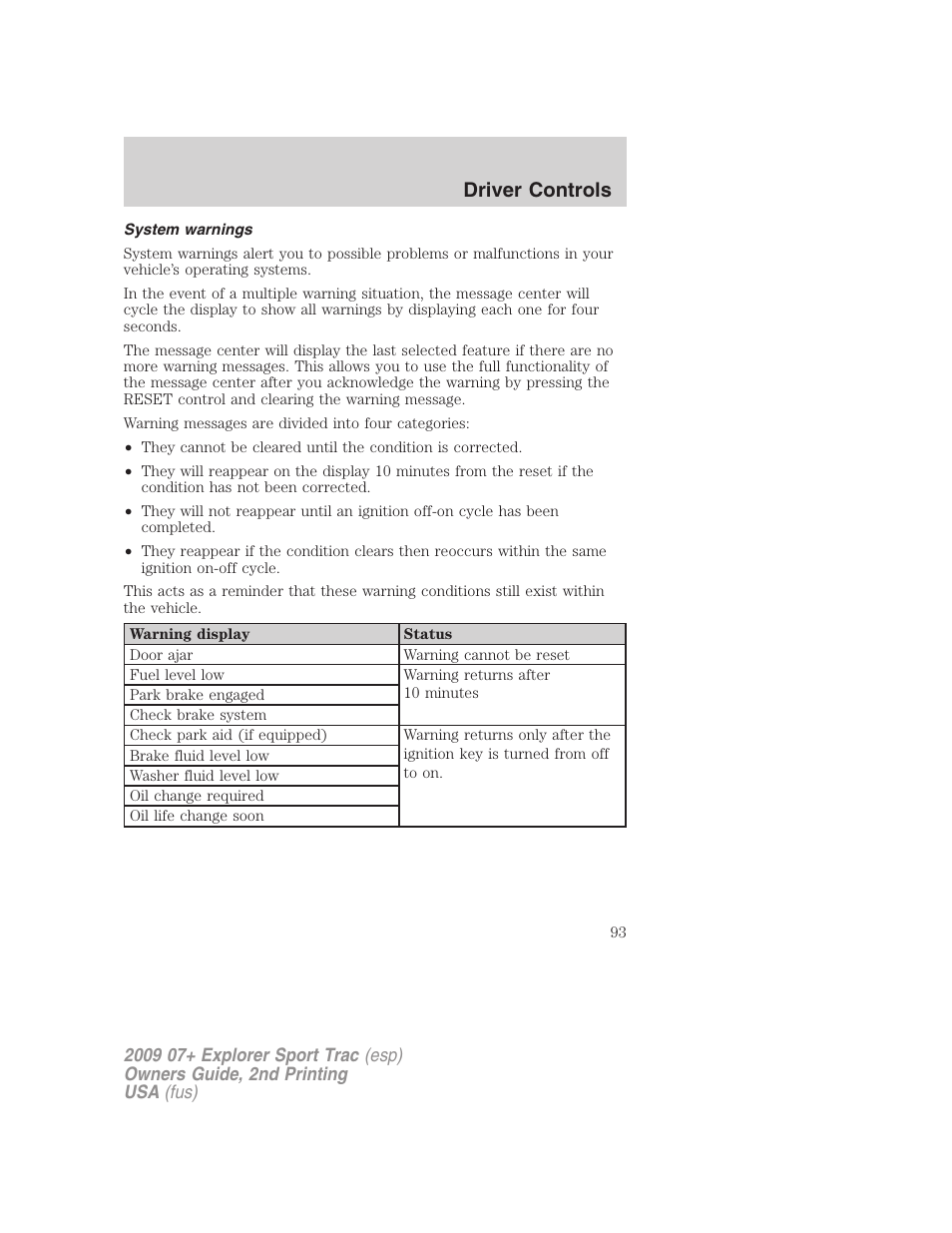System warnings, Driver controls | FORD 2009 Explorer Sport Trac v.2 User Manual | Page 93 / 351