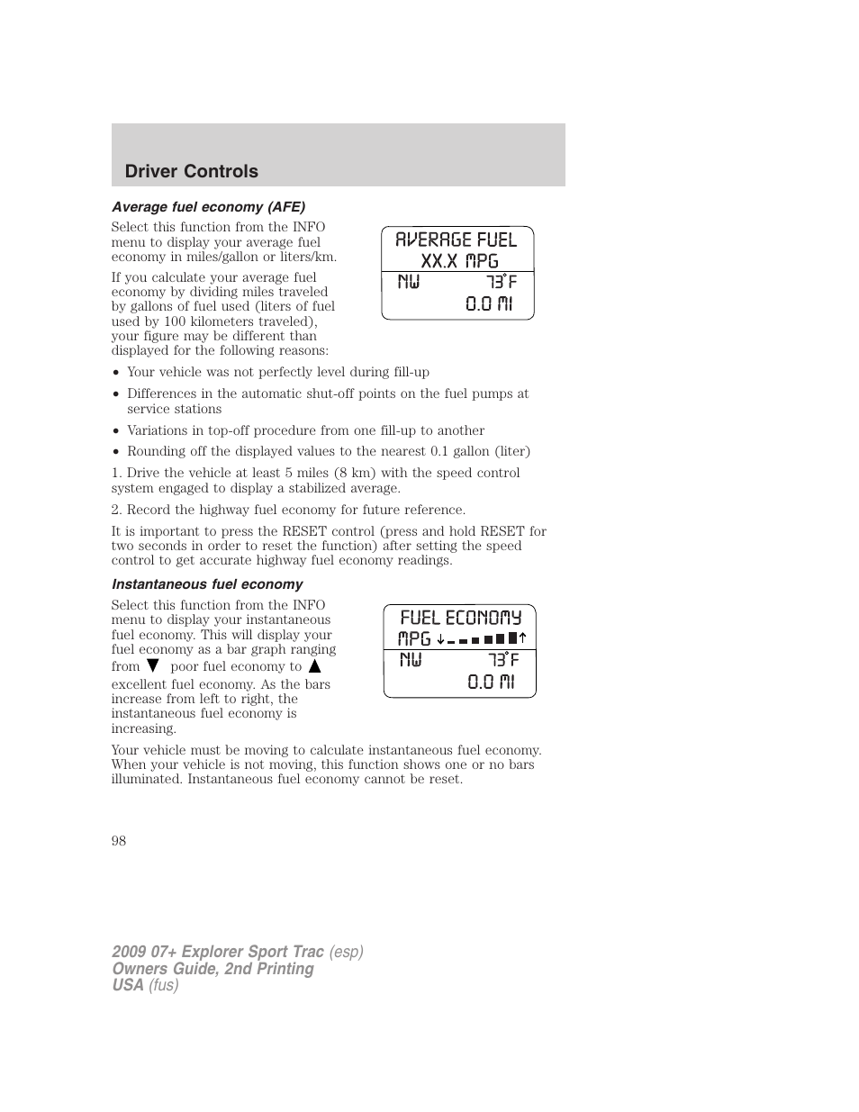 Average fuel economy (afe), Instantaneous fuel economy, Driver controls | FORD 2009 Explorer Sport Trac v.2 User Manual | Page 98 / 351