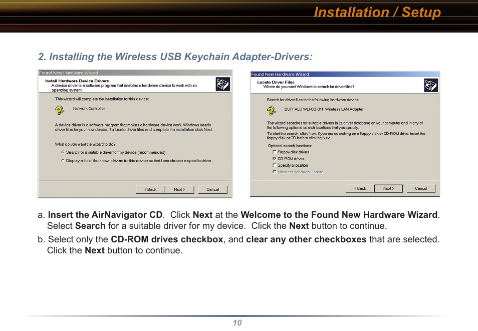 Installation / setup | Buffalo Technology Buffalo AirStation WLI-USB-KB11 User Manual | Page 10 / 45